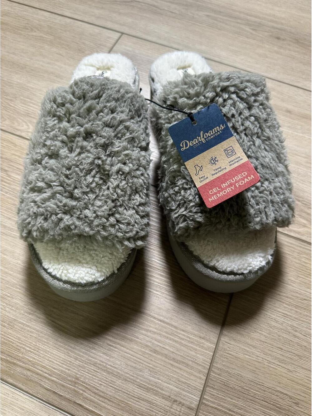 Dearfoams Cozy Comfort Faux Fur Slide Slippers Gray/White Women's Size Large US